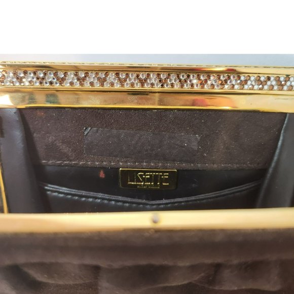 Lisette New York Vintage 60s Crossbody Bag Brown Suede with Rhinestone Clasp - Picture 8 of 12